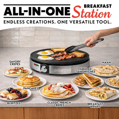 Gourmia 12” Crepe Maker – Nonstick Electric Griddle for Pancakes, Omelets & More, Precise Temp Control with Indicator Lights, Includes Spatula & Batter Spreader, Quick Cleanup, Stainless Steel Trim