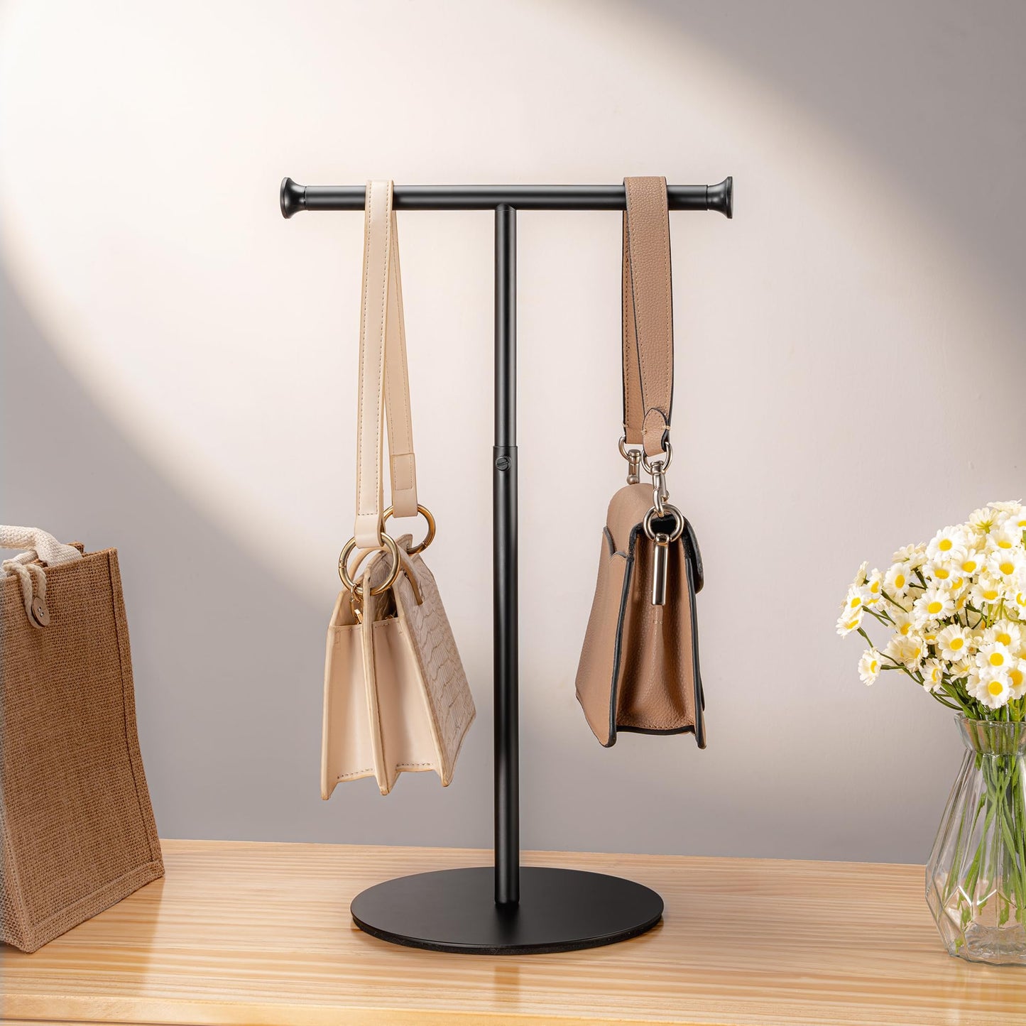 niffgaff 2 Pack 15‘’-24‘’ T Bar Purse Display Stand Tabletop: Adjustable Height Handbag Holder, Countertop Hanging Rack for Long Necklace Scarf Lanyard, Black