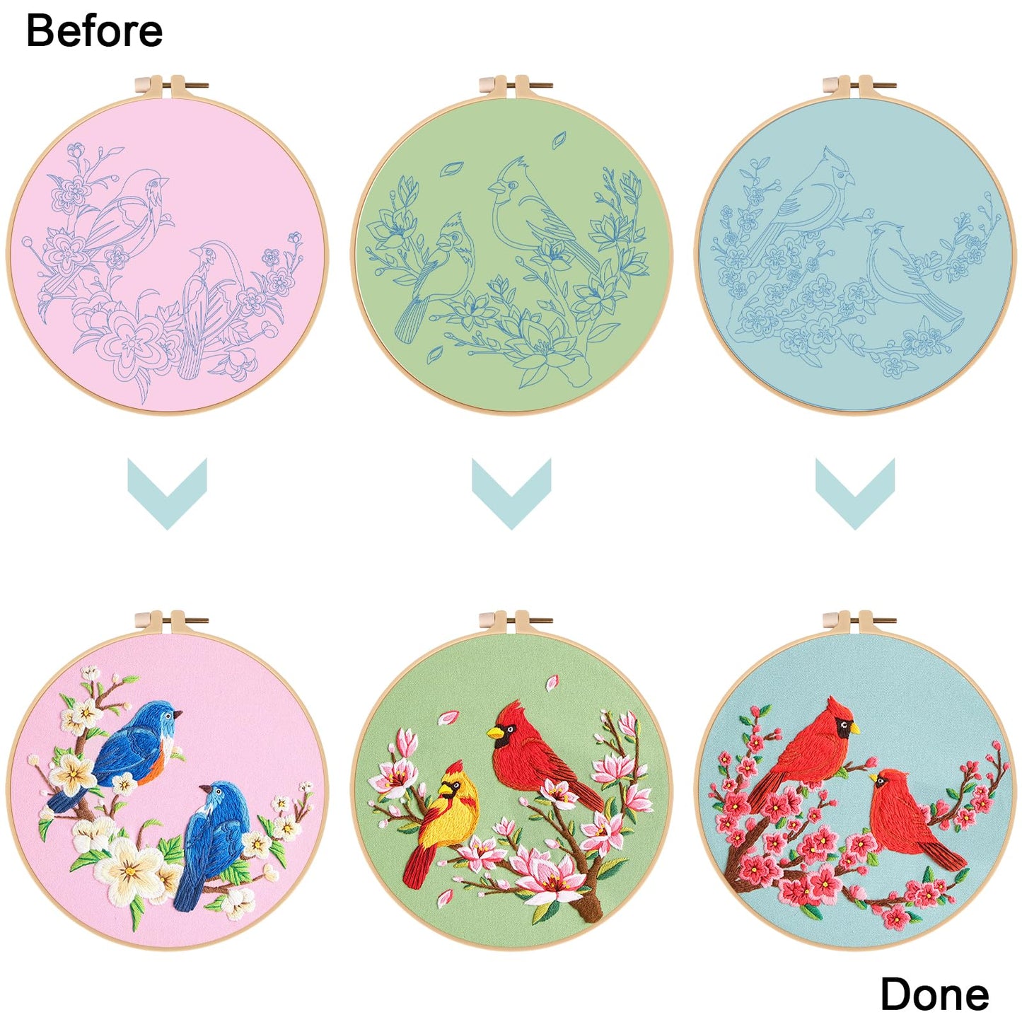 Nuberlic 3 Pack Embroidery Kit for Beginner Adults, Cross Stitch Set with Cardinal & Blue Bird Patterns, Includes Cloth, Hoops, Threads, Needles, Instructions