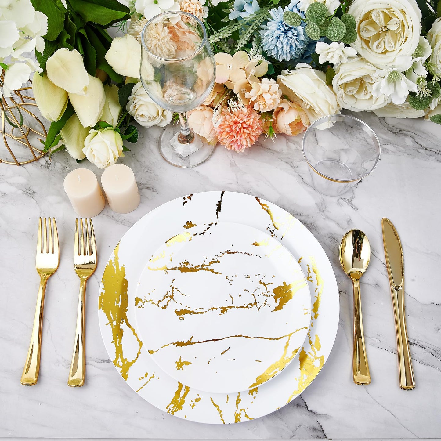 JOLLY PARTY 180PCS Disposable Dinnerware Set 30 Guest, 60 White and Gold Plastic Plates, 30 Plastic Silverware, 30 Cups, Marble Design Disposable Dinnerware for Wedding and Parties