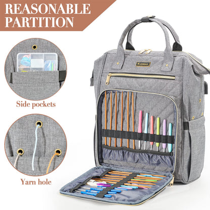 Knitting Bag Backpack, Crochet Bag Tote with USB Charging Port, Yarn Storage Organizer, Gifts for Crocheters Crochet Lovers Gift, Yarn Storage Tote Bag for Knitting & Crochet Accessories, Grey