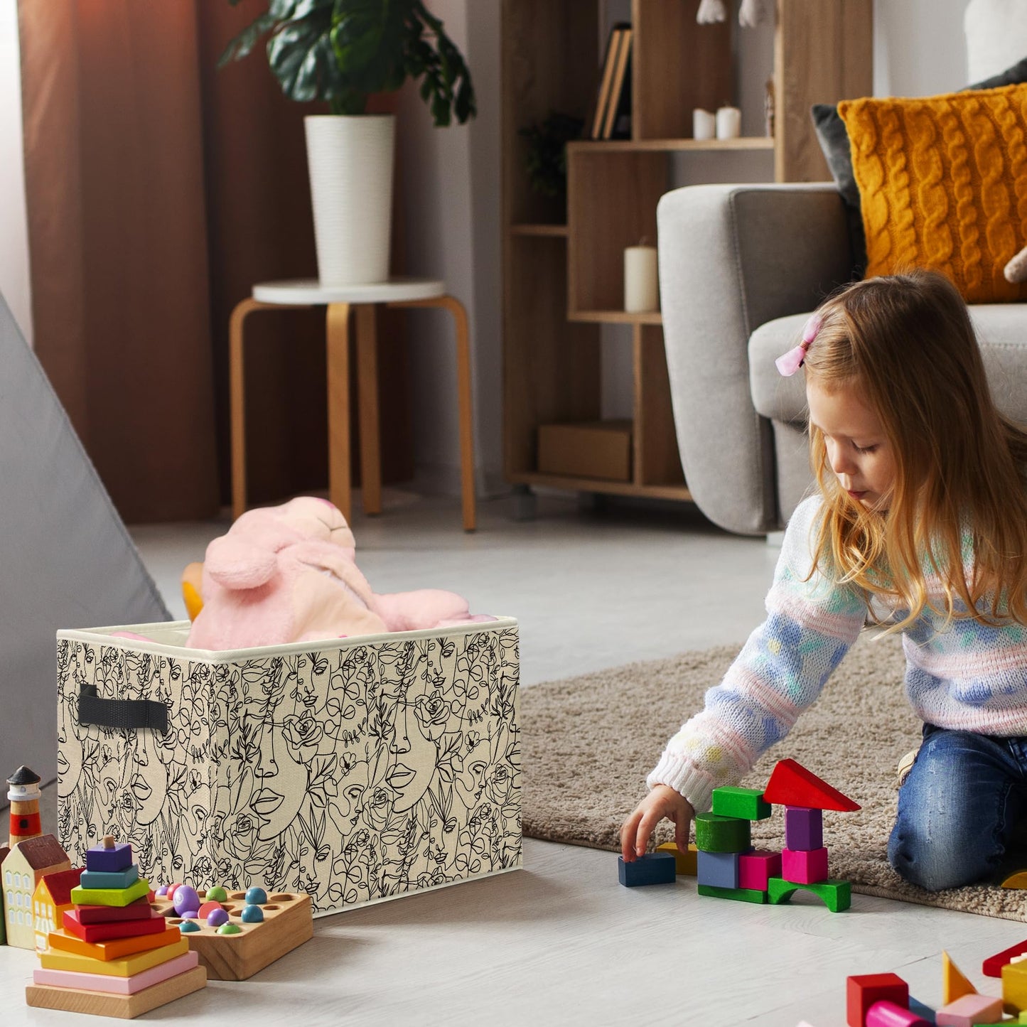 Knibeo Modern Abstract Women Faces Floral Fabric Storage Bins for Shelves Closet, Minimalist Boho Botanical Aesthetic Collapsible Cube Baskets Organizer for Clothes Books Toys
