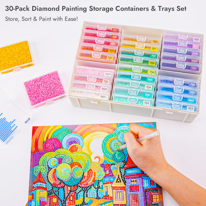 MOLEDINO 30 Pcs Diamond Painting Storage Trays with Lids, 2-in-1 Diamond Art Containers Trays Kit for Drills with 1 Large White Plastic Organizer Box, Stackable Bead Storage and Line-Up Accessories