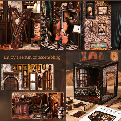 Book Nook Kit for Adults,360° View DIY Miniature Dollhouse Kit with LED, Classical Music Room 3D Wooden Puzzle Bookshelf Insert Decor, Creative Hobby Gift for Teens and Men