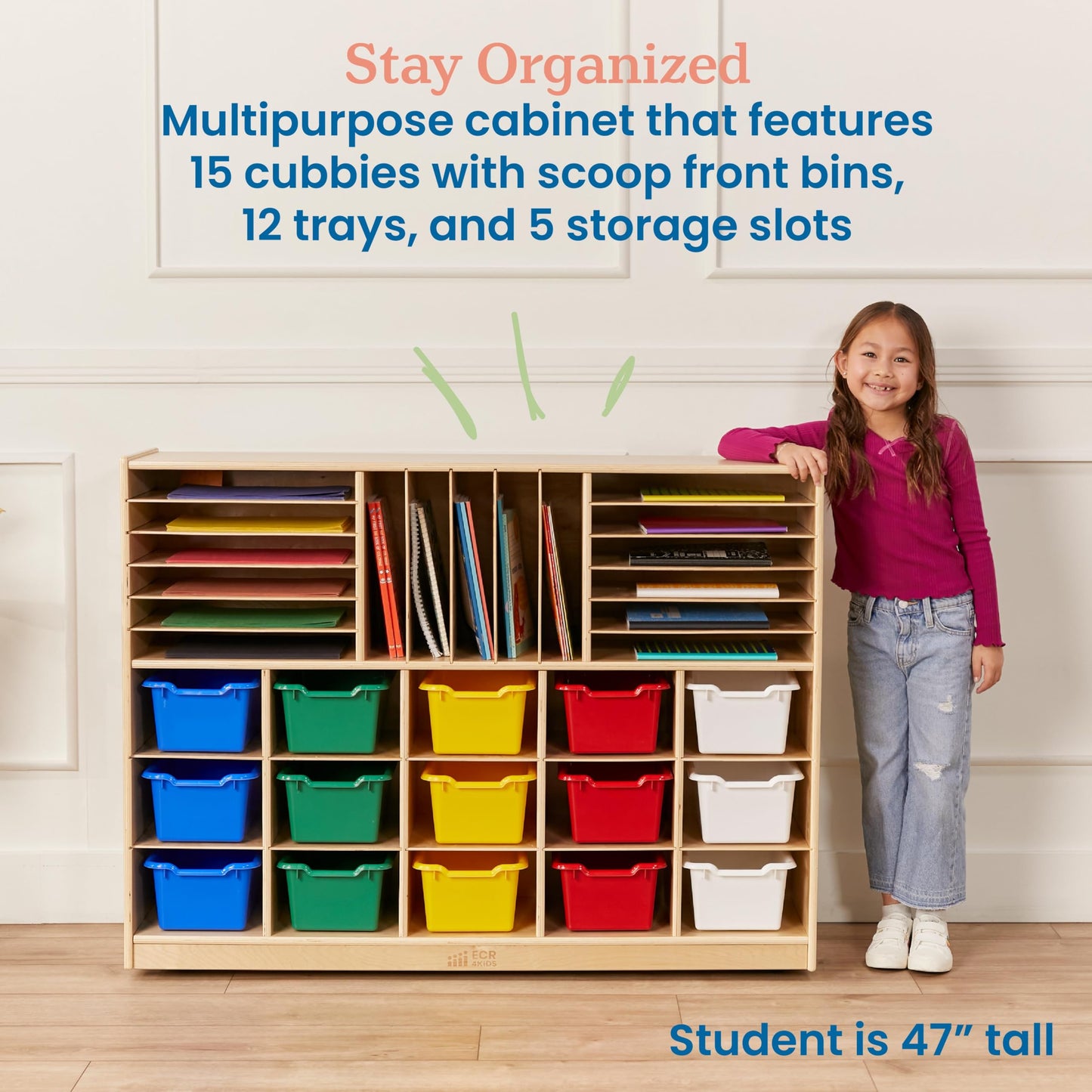 ECR4Kids Multi-Section Mobile Cabinet with Scoop Front Storage Bins, Classroom Furniture, Assorted, 16-Piece