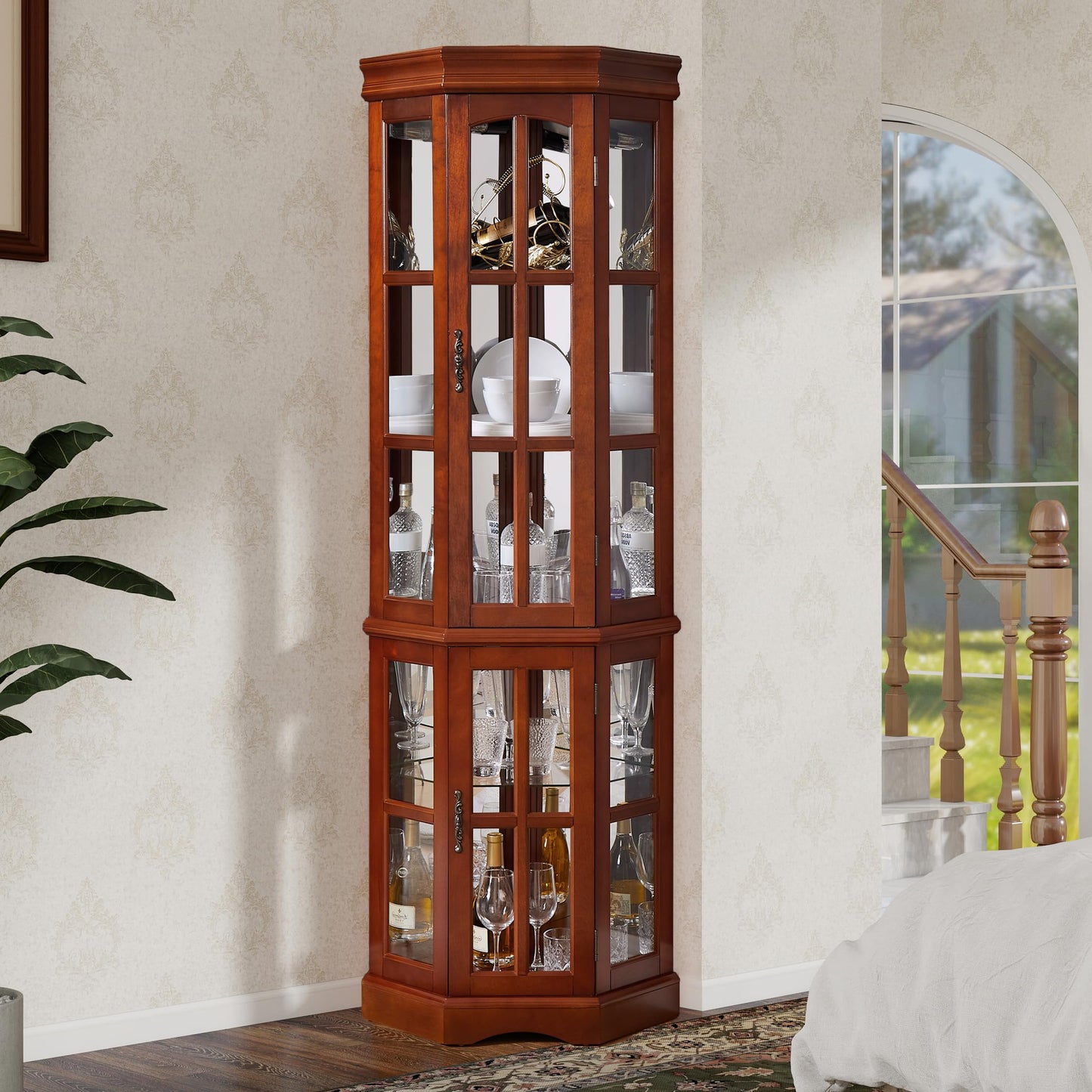 Corner Curio Cabinet with Lighting System, Adjustable Tempered Glass Shelves and Acrylic Mirror Back for Display, Compact Corner China Cabinet for Living Room (E26 Bulb Not Included) (Dark Walnut)