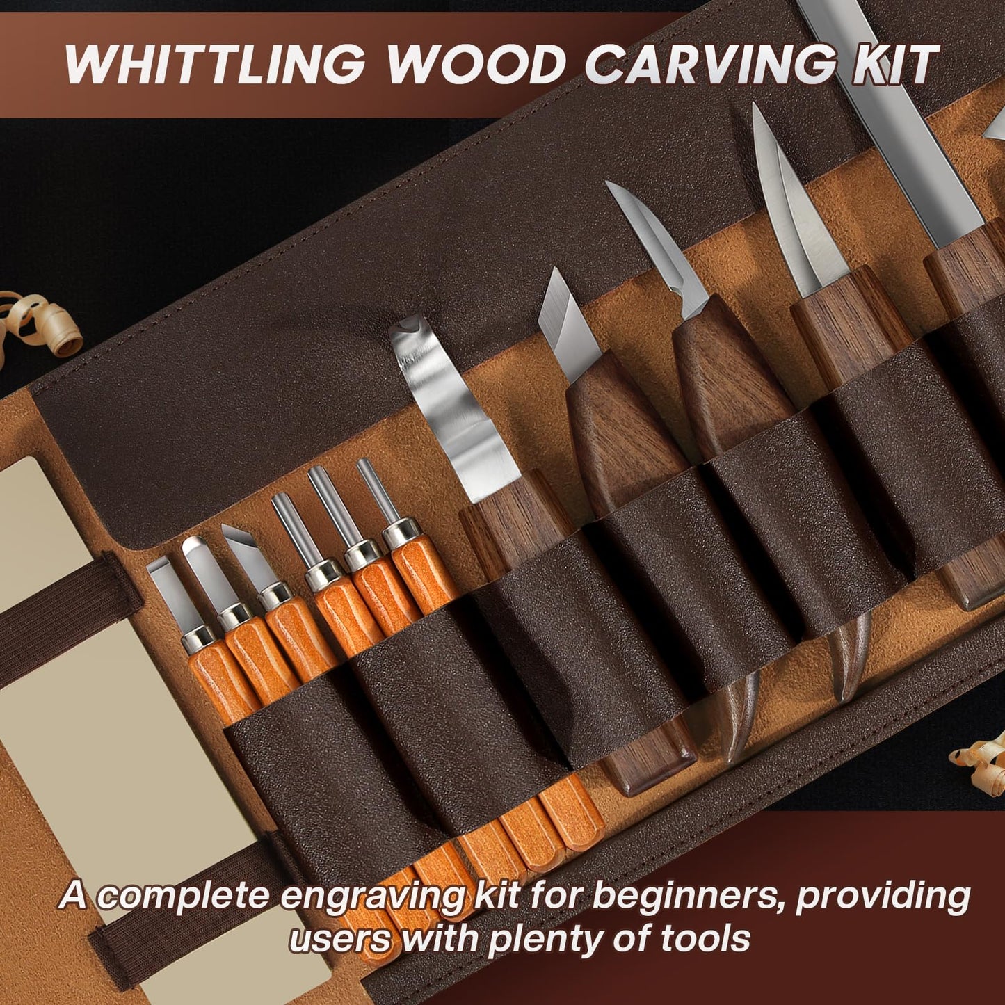 Wood Carving Tools, 17Pcs Wood Carving Kit with PU Storage Bag with 6Pcs Whittling Knives & 5 Detail Carving Knives for Adults Carving DIY