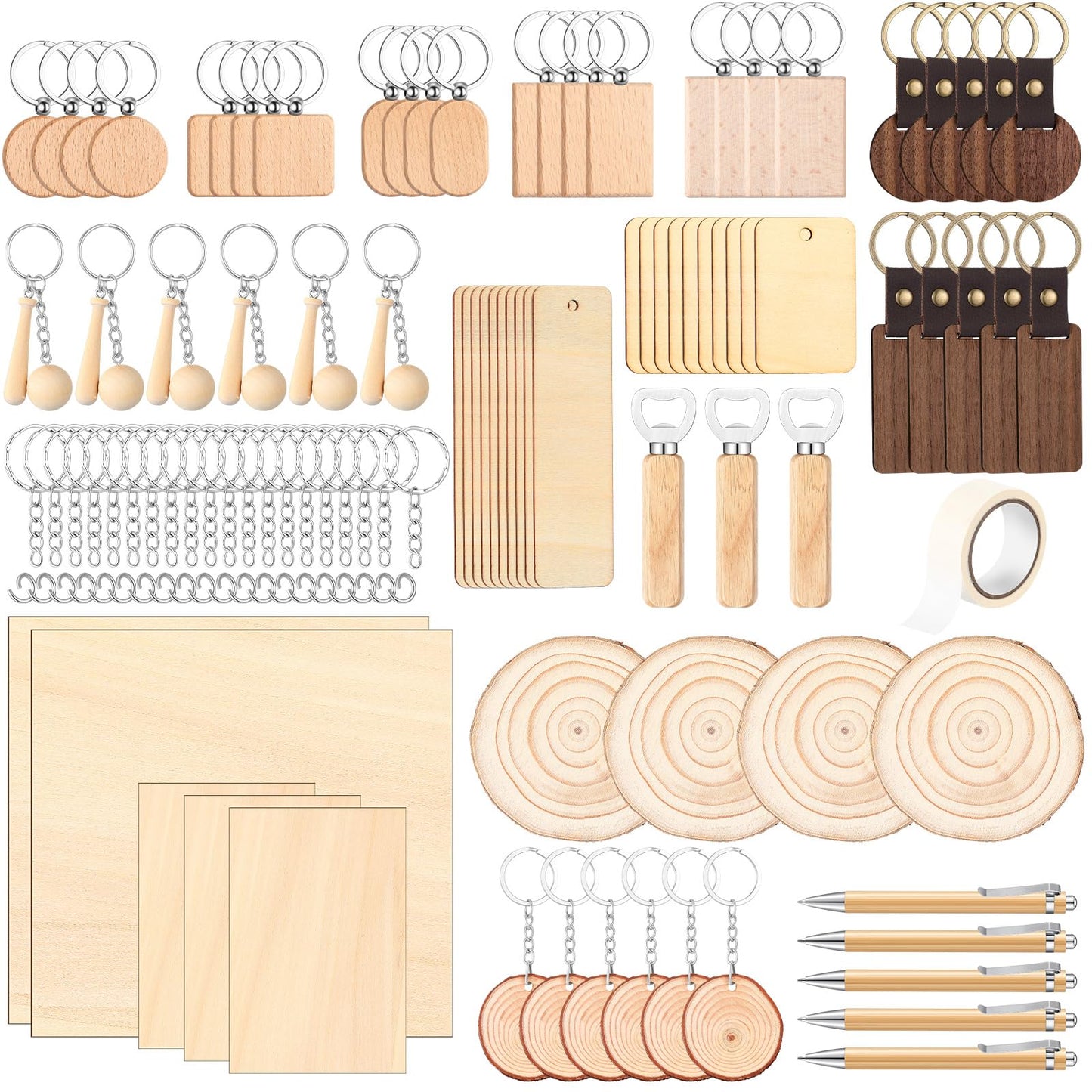 Briwooody 100 Pcs Laser Material Kit Engraving Blanks Wooden Keychains Blanks Set Laser Cutting Materials Unfinished Wooden Engraving Key Tag Ring for DIY Gifts Crafting Cutters
