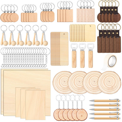 Briwooody 100 Pcs Laser Material Kit Engraving Blanks Wooden Keychains Blanks Set Laser Cutting Materials Unfinished Wooden Engraving Key Tag Ring for DIY Gifts Crafting Cutters