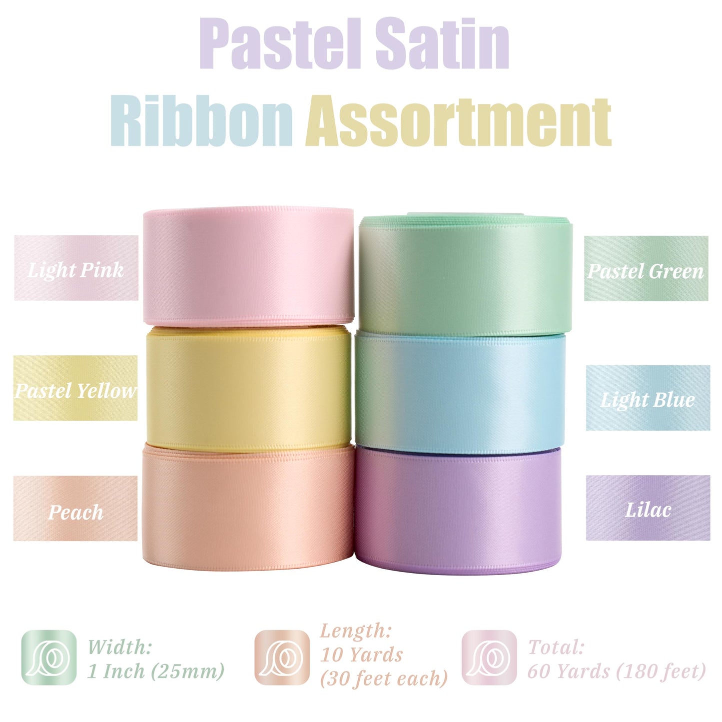 DINDOSAL Pastel Ribbon Set 1 Inch x 60 Yards, 6 Rolls Pastel Rainbow Satin Ribbon for Easter Decor, Spring Decorations, Bridal Shower, Gift Wrapping, Bouquets, Party Supplies and Crafts