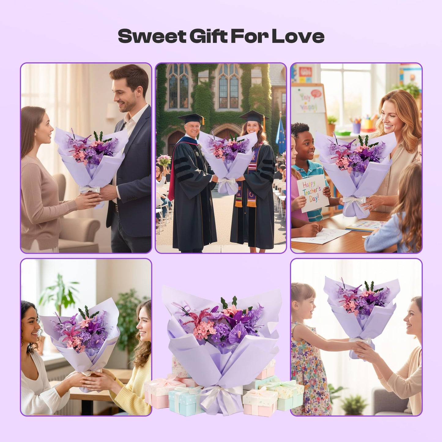 Caydo 700PCS Pipe Cleaner Flower Kit, Purple Craft Chenille Stems Bulk with Floral Wires, Ribbons, Tapes, Stamens, Glue Sticks for Making Pipe Cleaner Bouquets