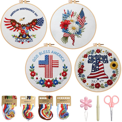 BBLYBD 4th of July Embroidery Kit, 4 Set Patriotic Cross Stitch Craft Kits for Beginners with Pre-Printed Embroidery Fabric, Hoops, Step-by-Step Instructions, Color Threads & Needles (Red White Blue)