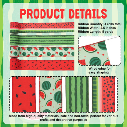 NUVCELKA 4 Rolls Watermelon Ribbon 20 Yards 2.5 Inch Summer Wired Edge Burlap Craft Ribbons for Wreath DIY Gift Wrapping Party Baby Shower Bow Decoration