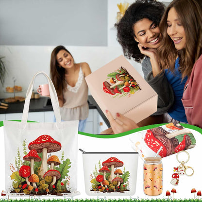 6 16oz Paterr Pcs Mushroom Themed Gifts for Women Christmas Canvas Tote Bag Makeup Bag Print Blanket Socks Glass Coffee