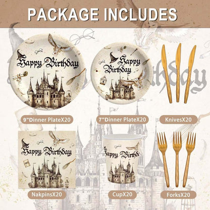 120 Pcs Magical Wizard Party Supplies for Boys Girls Witch Wizard Magic Happy Birthday Tableware Set Magical Party Plates and Napkins Kit Party Serves 20 Guests