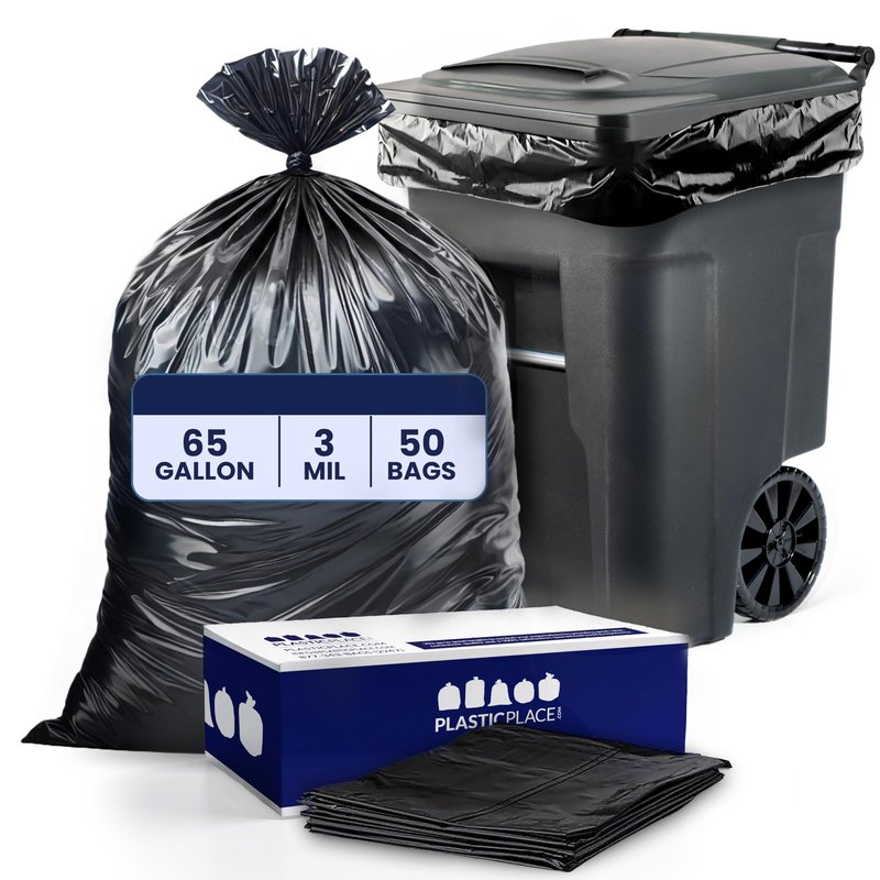 Plasticplace 65 Gallon Trash Bags │ 3.0 Mil │ Black Heavy Duty Garbage Can Liners │ 50” X 48” (50Count)