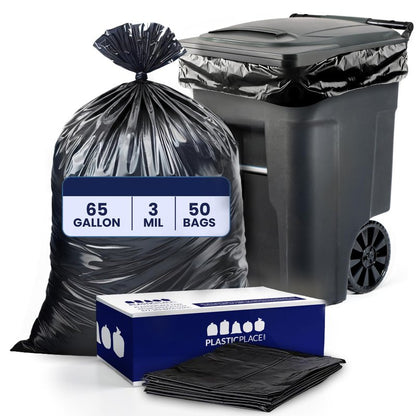 Plasticplace 65 Gallon Trash Bags │ 3.0 Mil │ Black Heavy Duty Garbage Can Liners │ 50” X 48” (50Count)