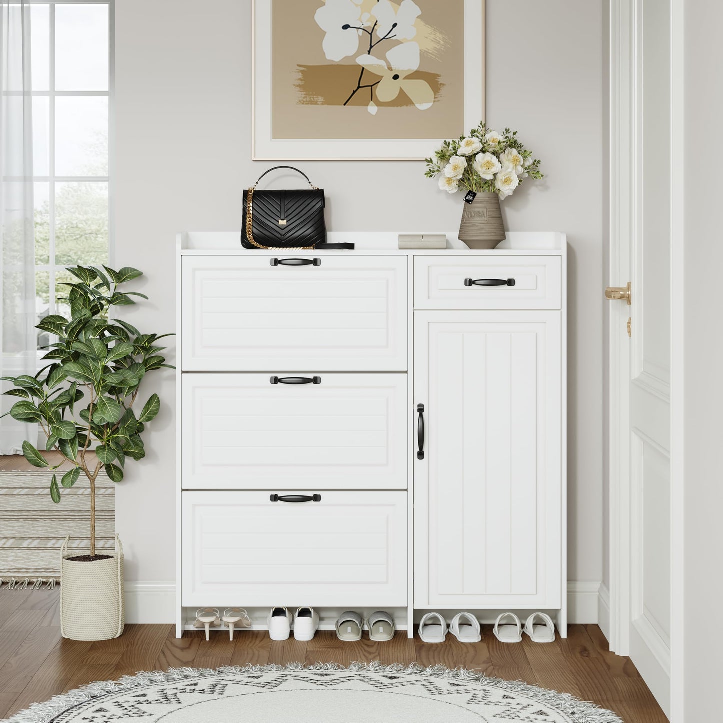 Ball & Cast Shoe Storage Cabinet with 3 Flip Drawers & 1 Drawer, Freestanding Hidden Shoe Organizer with Legs for Entryway, Narrow Shoe Rack Cabinet for Living Room,White