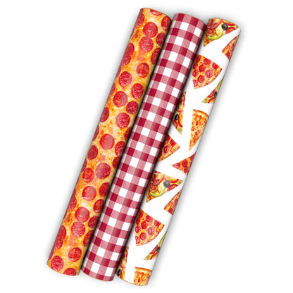 Hallmark Pizza Scented Wrapping Paper Mini Rolls, 3-Pack (Pepperoni, Pizza Slices, Red Gingham Tablecloth) for Birthdays, Graduations, Father's Day, Any Occasion - 45 Sq. Ft. Total