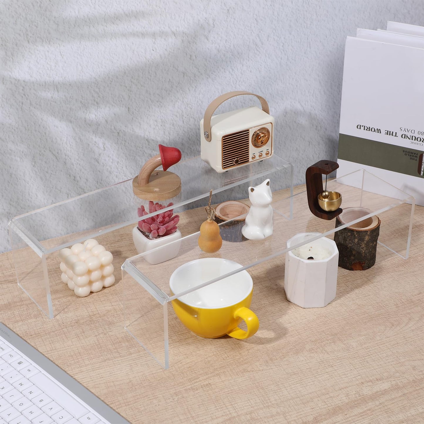 Meyeyaia 4 Pack Acrylic Risers Display Stands, Acrylic Shelf Riser Display Risers, Spice Rack for Dishes, Spices, Soda Cans and Bottles（12.4 x 4 x 4.6 inch）