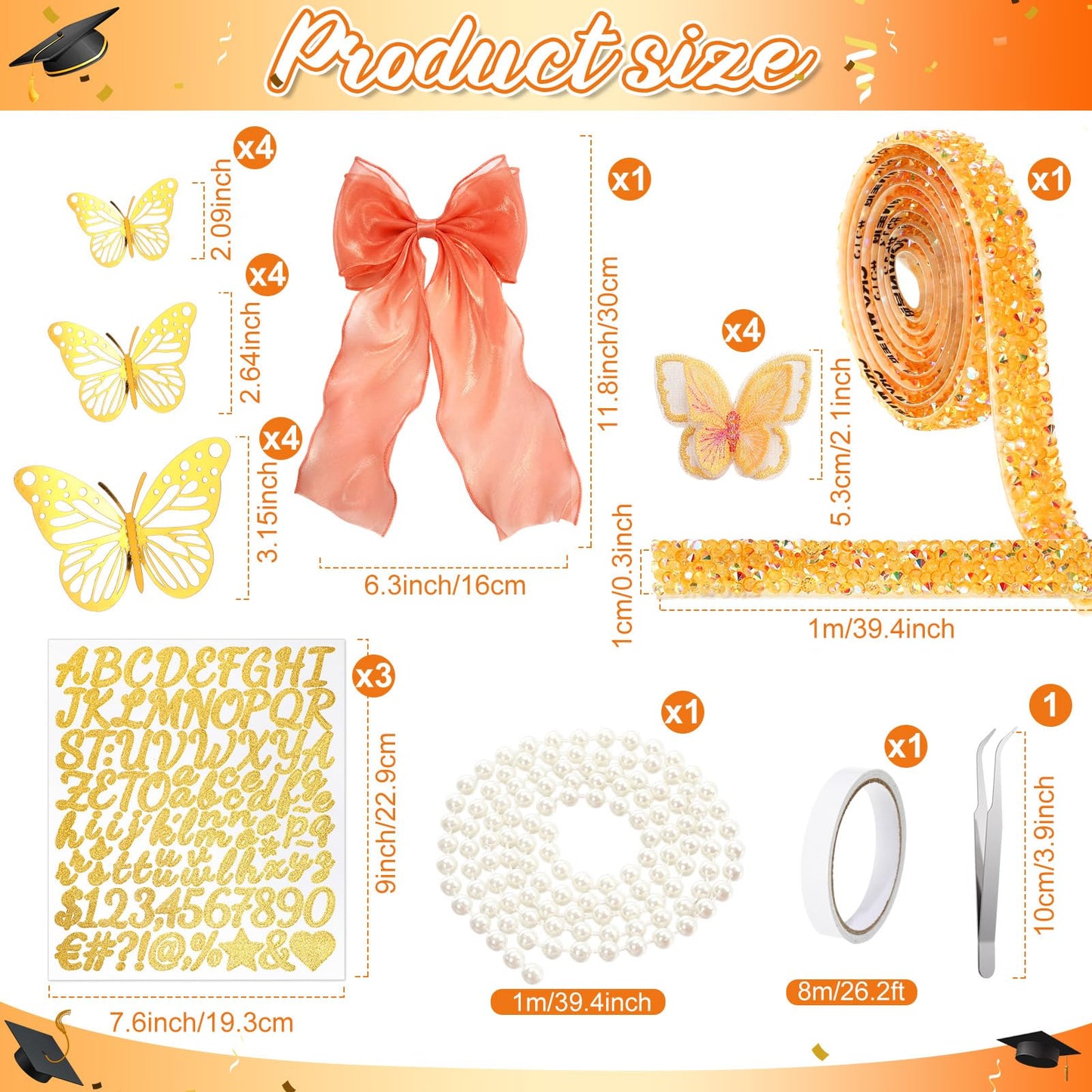 Wavwavw 58 Pcs DIY Graduation Cap Decorations Kit Grad Cap Decor Included Faux Flowers Bow Mesh 3D Butterfly Stickers, Adhesive Rhinestones, Glitter Letter Stickers, for 2026 Grad Party(Orange)