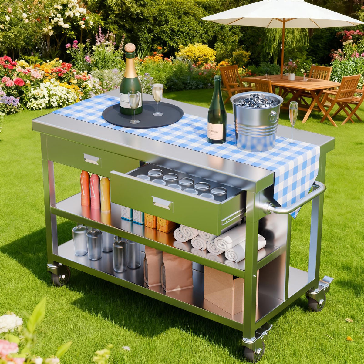 KINGBO 50" Stainless Steel Kitchen Island with Storage, Rolling Kitchen Island Table with 2 Drawers on Wheels, Portable Island Cart for Kitchen, Outdoor, Restaurant, Cafe
