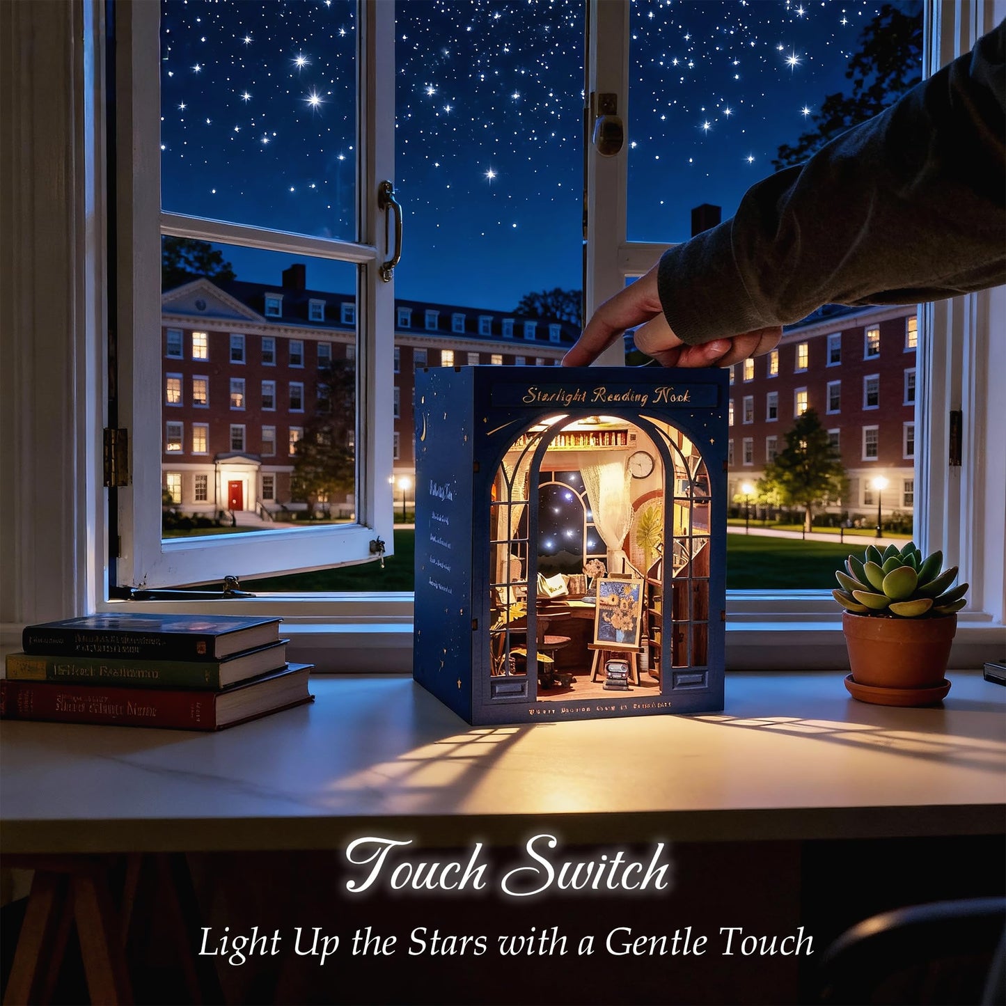 Dolphin Island DIY Book Nook Kit for Adults, 3D Wooden Puzzle Booknook Miniature House Kit (Starlight Reading Nook)