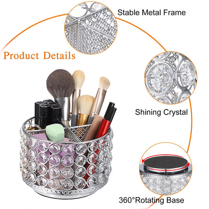 Hipiwe Crystal Vanity Organizer Makeup Brush Holder- 360 Rotating Cosmetic Brushes Display Organizers Spinning Remote Control Holder Bathroom Storage Organizer for Eyebrow Pen Pencil,Silver 4-Slot