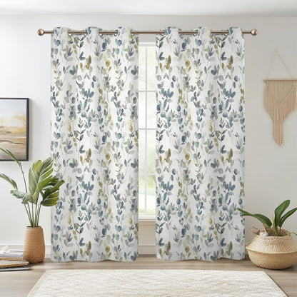 84" 53" 2 Set Renaiss Botanical Herbs Blackout Curtains, Vintage Eucalyptus Leaf Thermal Insulated Bedroom Window