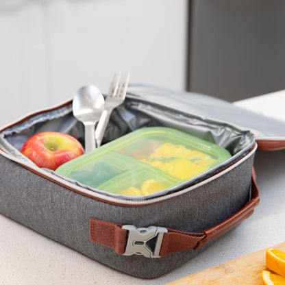 Bumkins Snack/Lunch Bento Box for Kids and Adults, 3 Compartment Container, Leak Proof Lid, for Portioning, Large Section Can Hold Sandwich, Food-Safe LFGB Platinum Silicone, Microwave-Safe, Green