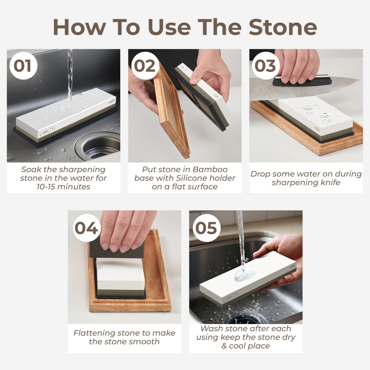 Libken Whetstone Knife Sharpening Stone Kit 1000/6000 Grit with Wooden Box – Wet Stone Sharpener Set for Kitchen Knives, BBQ, Hunting, Pocket, Scissor, Blade, Razor – Angle Guide & Flattening Stone
