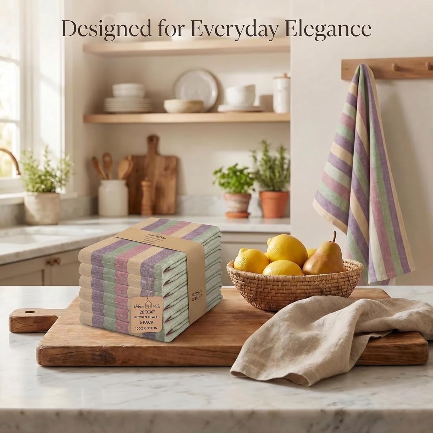 Set 6 20" X30 100% Urban Villa Kitchen Towels Harvest Stripes Dish Towels of Cotton Highly Absorbent Quick Drying Dish