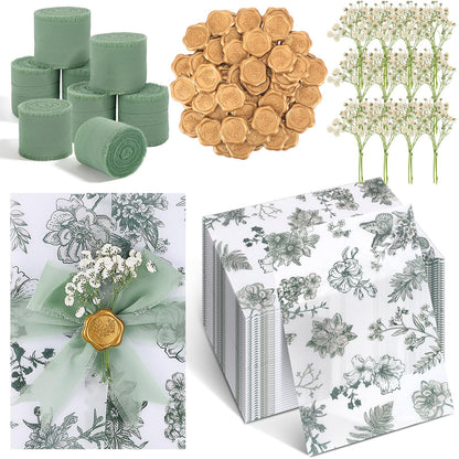 FeilxStella 100 Sets Wedding Invitations Kit with Pre-Folded Vellum Jackets for 5x7 Cards, Sage Green Chiffon Ribbon, Gold Wax Seal Stickers, Dried Pressed Flowers, DIY Wedding Invitation Supplies