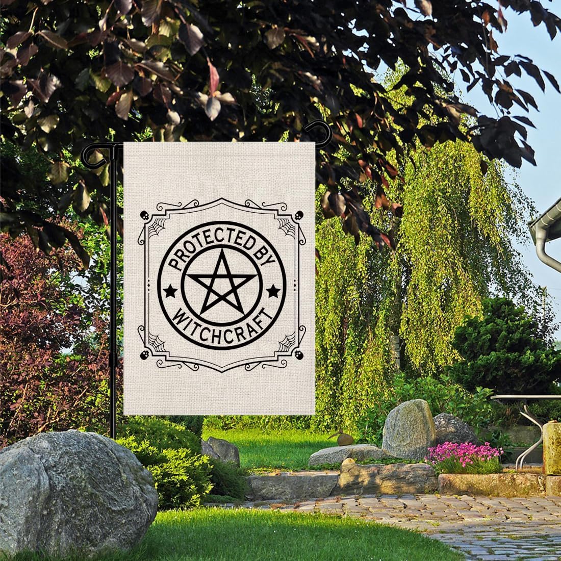 Witchy Pentagram Garden Flag, Protected By Witchcraft Spooky Vibes Wiccan Gift