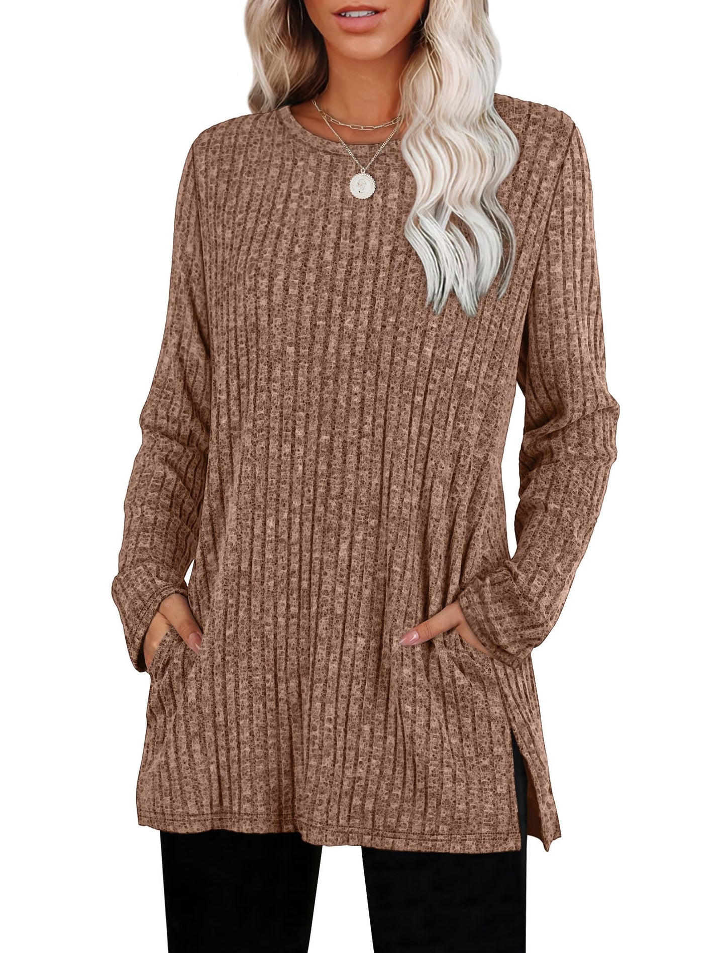 SAMPEEL Womens Sweaters Crewneck Long Sleeve Shirts with Pockets Fall Outfits 2025 Fashion Winter Clothing Side Slit