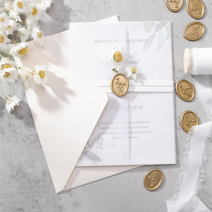 UNIQOOO Wax Seal Stickers - 3D Flower Oval Shape Wedding Invitation Envelope Seal Stickers, 50 Pcs Self- Adhesive Prosecco Metallic Light Gold Sticker, Perfect for Invitation, Christmas, Gift