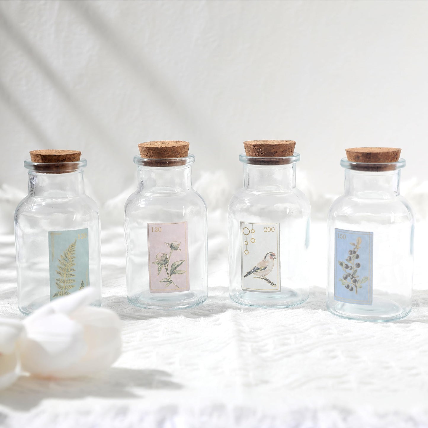 Magic Season Decorative Glass Bottles with Cork Stoppers (5 fl oz. Wide Mouth Round Bottles/Set of 6)