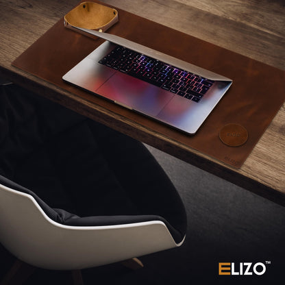 Elizo Real Leather Desk Mat Set (32x16) Large Desk Cover Desk Blotter Protector Computer Gaming Mouse Pad Table Laptop Office Desktop Accessories