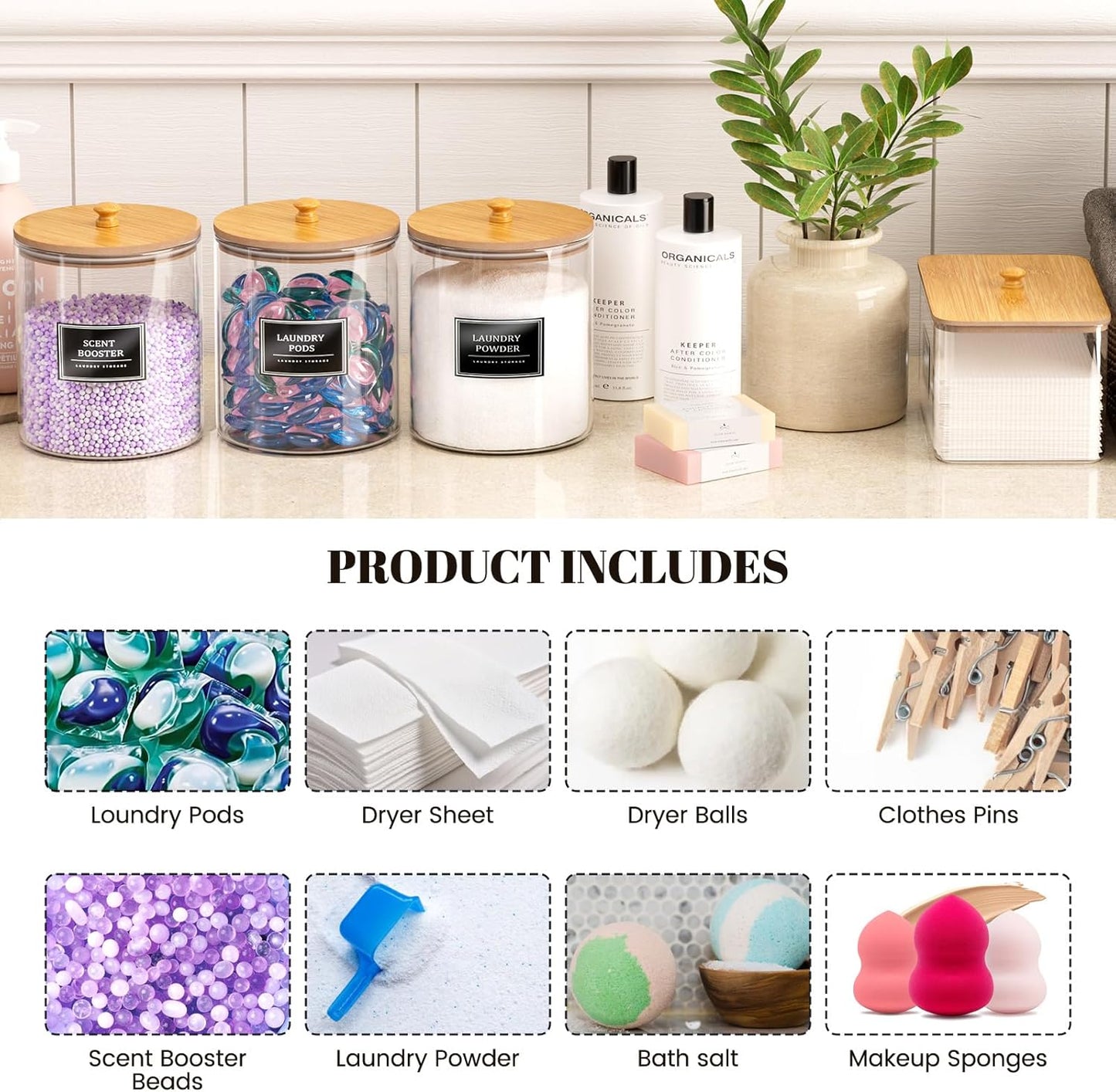 HomePekite 2 Pack Glass Laundry Pods Container, Clear Laundry Room Organization Containers with Lids & Labels, Powder