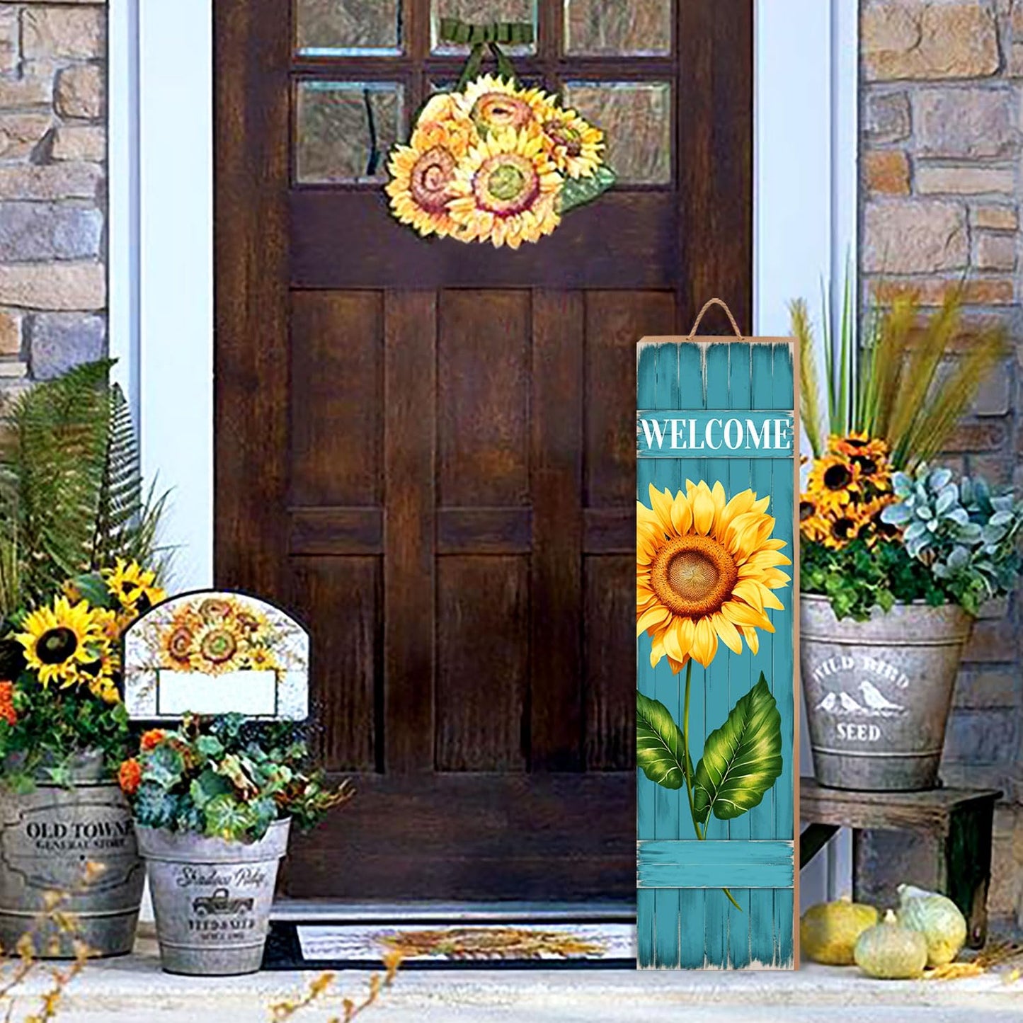 PEROUU Sunflower Welcome Wooden Sign,Spring Rustic Porch Sign for Front Door Decorations, Front Porch Decor Home Hanging Signs Wall Sign 31.5" H