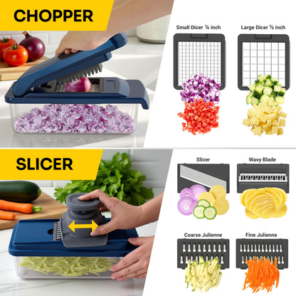 UltraChop All-In-1, 12 Blade Heavy Duty Vegetable Chopper, Food Chopper Container, Spiralizer, Mandoline Slicer Onion Mincer, French Fry And Salad Cutter, Home Essentials & Kitchen Gadgets, Blue