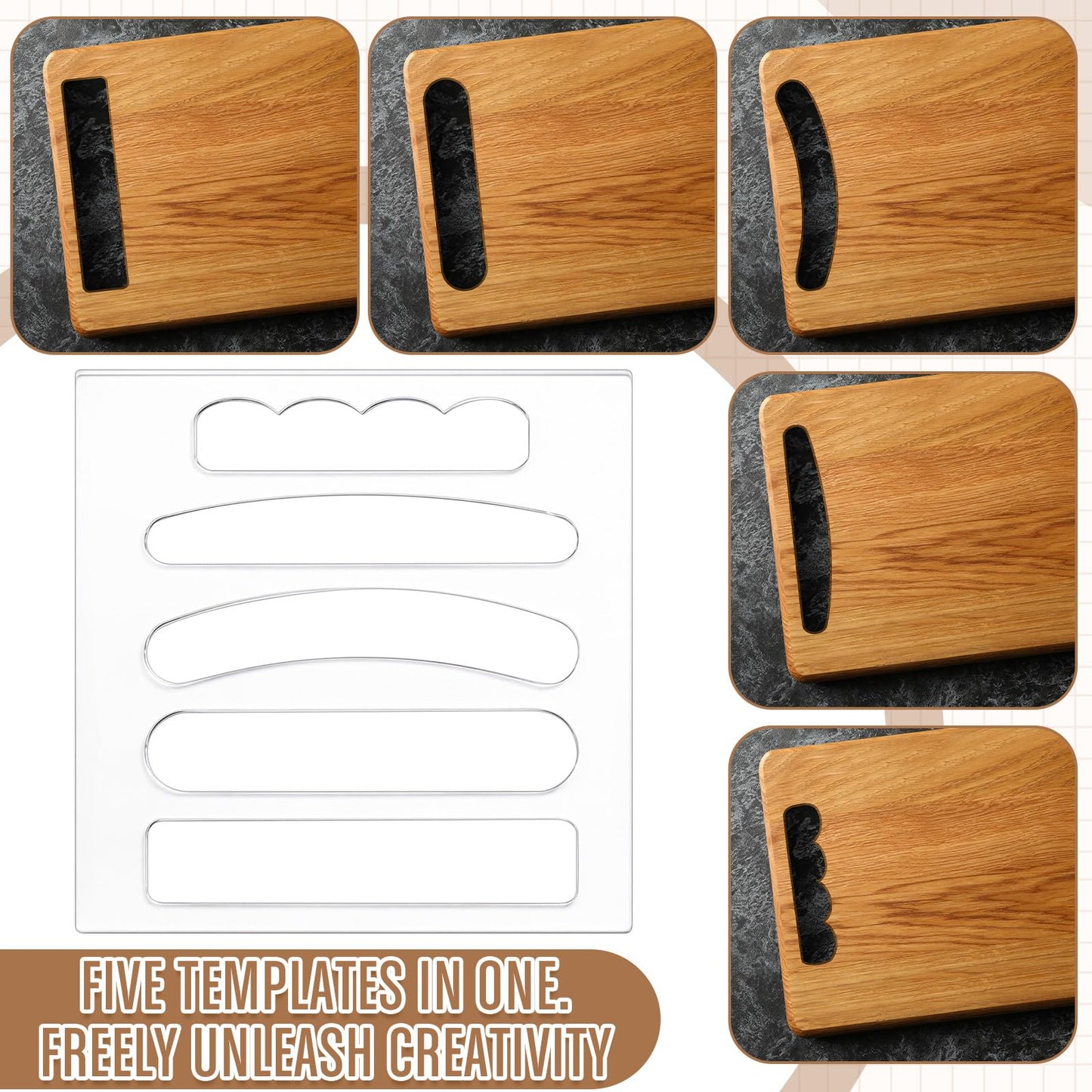 Fuyoooo 14 Pcs Router Templates for Woodworking, 6 Acrylic Charcuterie Board Handle Guides, Bowtie Inlay & 2 Tray Edge Templates, Angled Curvy Tracing Stencils Cut Guide Tools with Tape and Pens