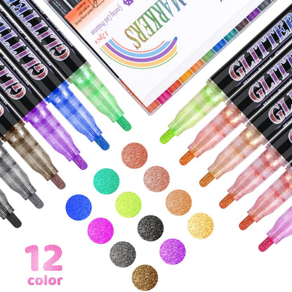 OLINGYOU Glitter Marker Pens,12 Colors Self-Shimmer Metallic Markers,Glitter Paint Pens DIY Crafts Greeting Birthday Cards, Making Poster,Album,Scrapbooking,Wood