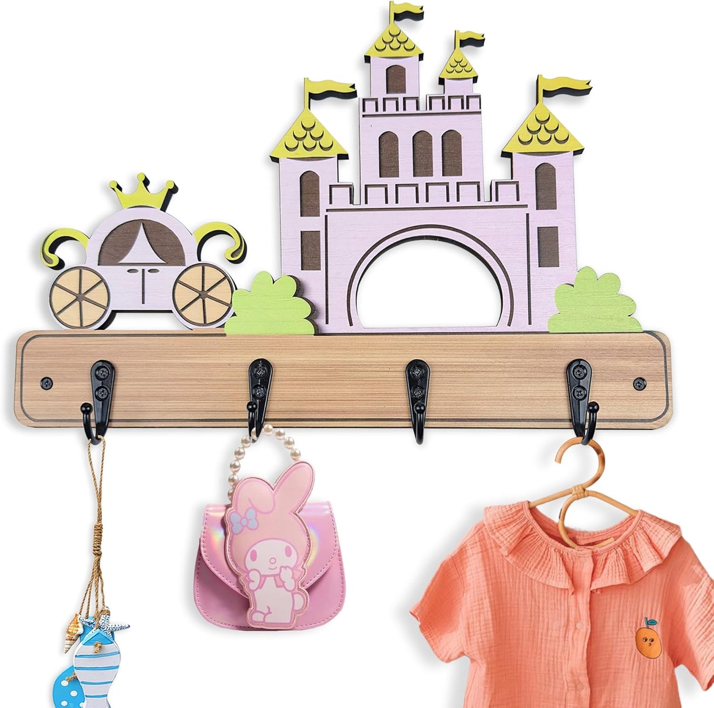 Dog Leash Holder for Wall Mount - Farmhouse Wooden Claw Hooks, Paws Key Rack Accessories for Rustic Home Decor (Castle)