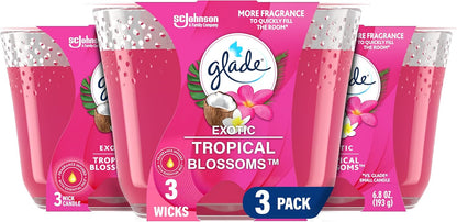 Glade Candle Exotic Tropical Blossoms, 3-Wick Fragrance Candle Infused with Essential Oils, 6.8 Oz, 3 Count