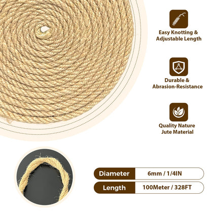 Natural Jute Twine 6mm x 328ft, 4Ply Twisted Heavy Duty Rope Roll for Gardening, Crafting, Bundling, Cat Scratching Post, Home Decor, Christmas Decorations