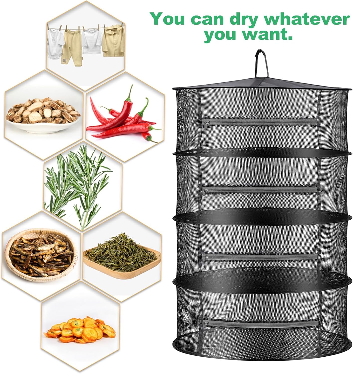 Herb Drying Rack Net Mesh with Black Zippers, 2ft Hydroponics Drying Rack for Plants and Herbs