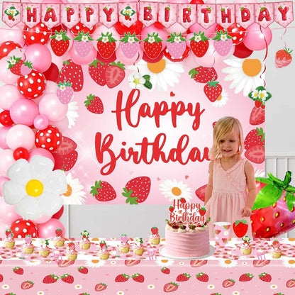 ZOYVUX Strawberry Birthday Decorations, Berry Party Decorations Including Balloon Arch Banner, Tablecloth, Backdrop, Cake Topper, Balloons, Hanging Swirls, Plates, Cups For Strawberry Themed Party