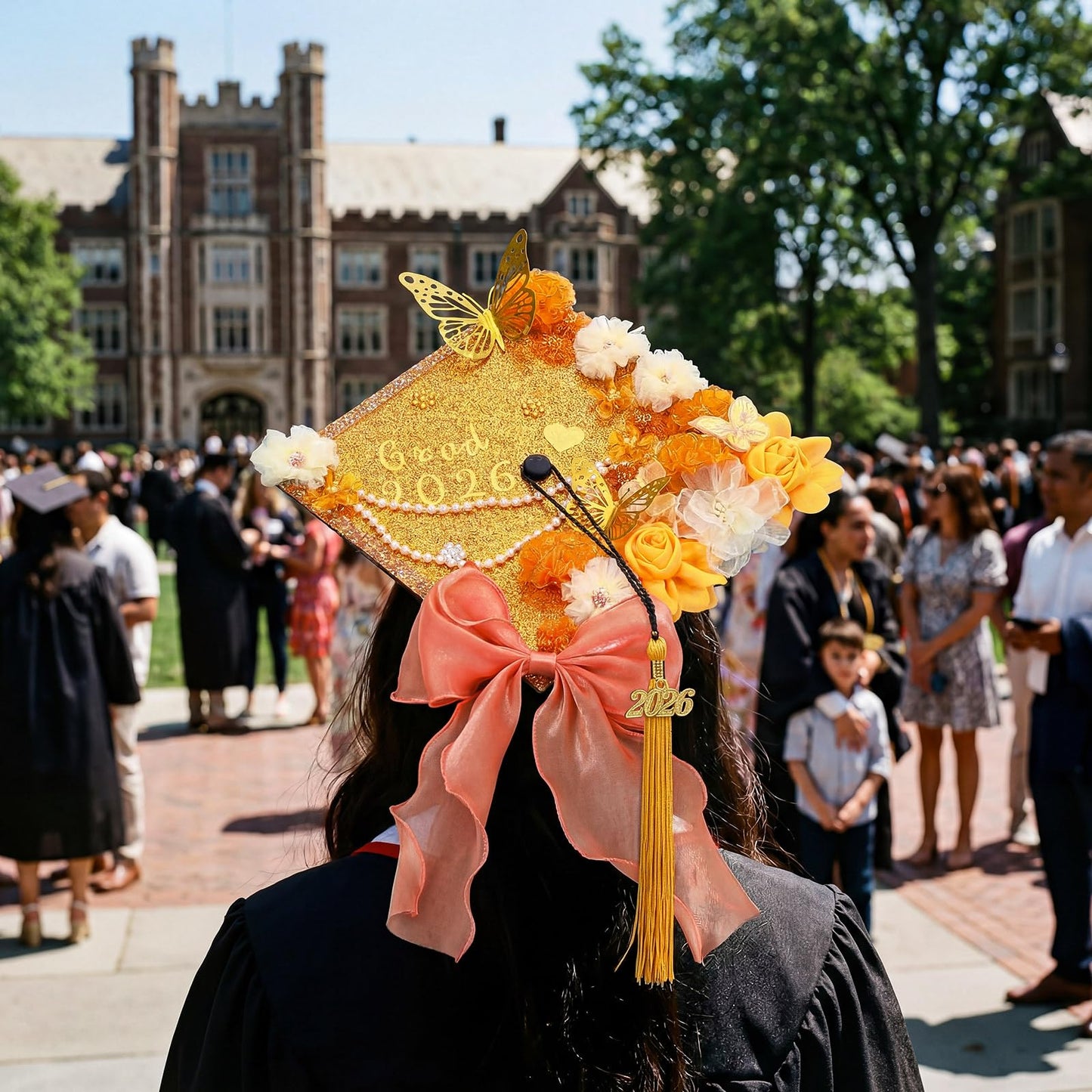 Wavwavw 58 Pcs DIY Graduation Cap Decorations Kit Grad Cap Decor Included Faux Flowers Bow Mesh 3D Butterfly Stickers, Adhesive Rhinestones, Glitter Letter Stickers, for 2026 Grad Party(Orange)