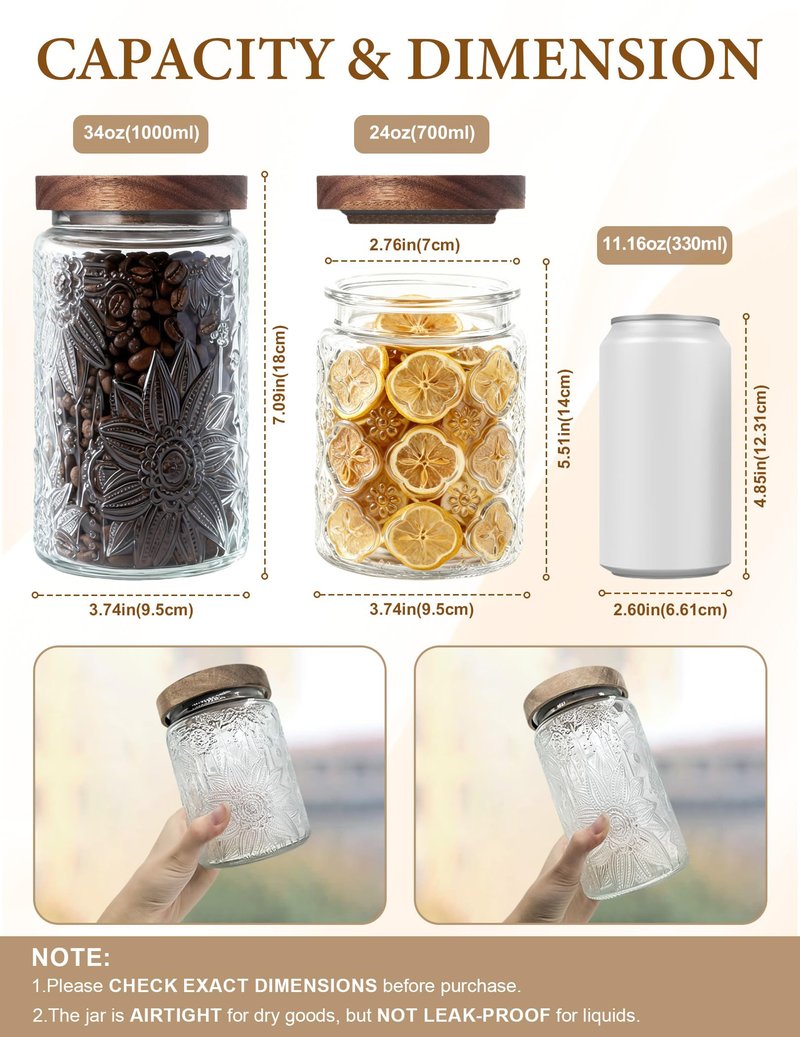 PENGSHU Vintage Glass Jar with Wood Lid - Christmas Airtight Canisters for Kitchen Countertop Bathroom, Storage Candy, Cookie, Coffee, Apothecary, Sugar, Flour,Pet Treat (Begonia, 24oz/700ml)